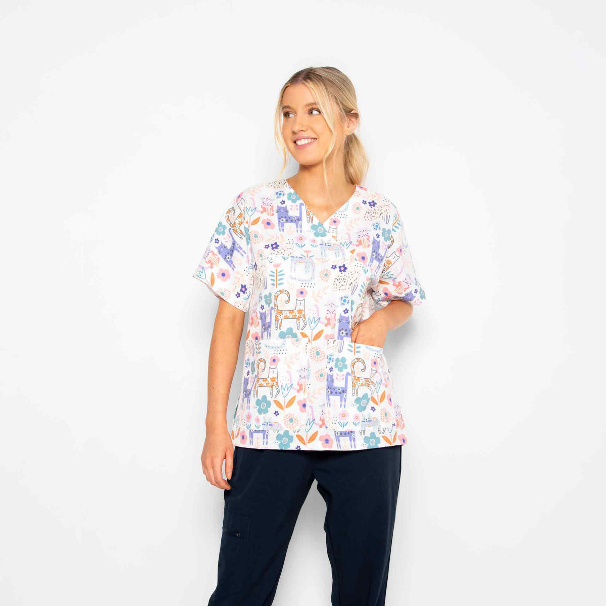 Floral Kitty Scrub Top White Scrub Tops Australia