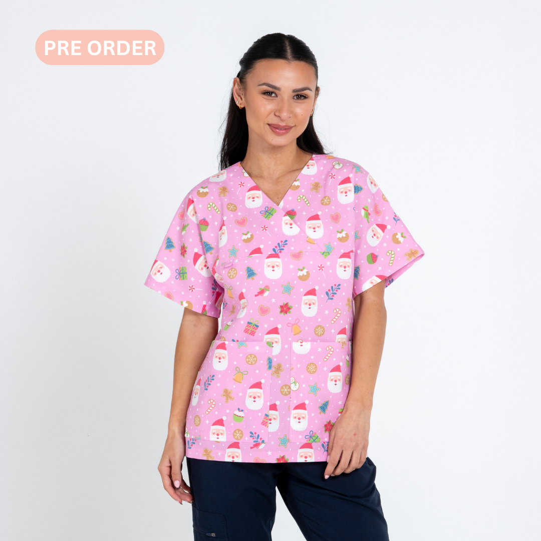 Holly Jolly Christmas Scrub Top | Pink