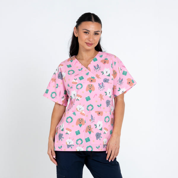 Merry Woofmas Christmas Scrub Top | Pink
