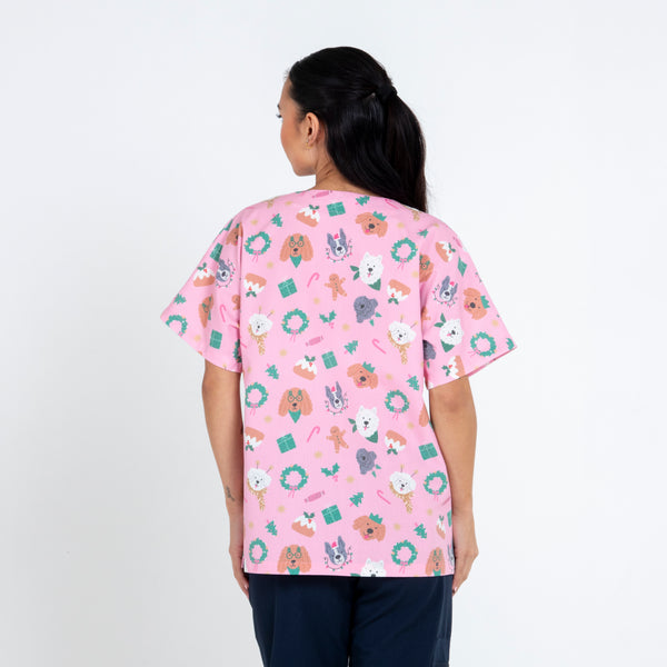 Merry Woofmas Christmas Scrub Top | Pink