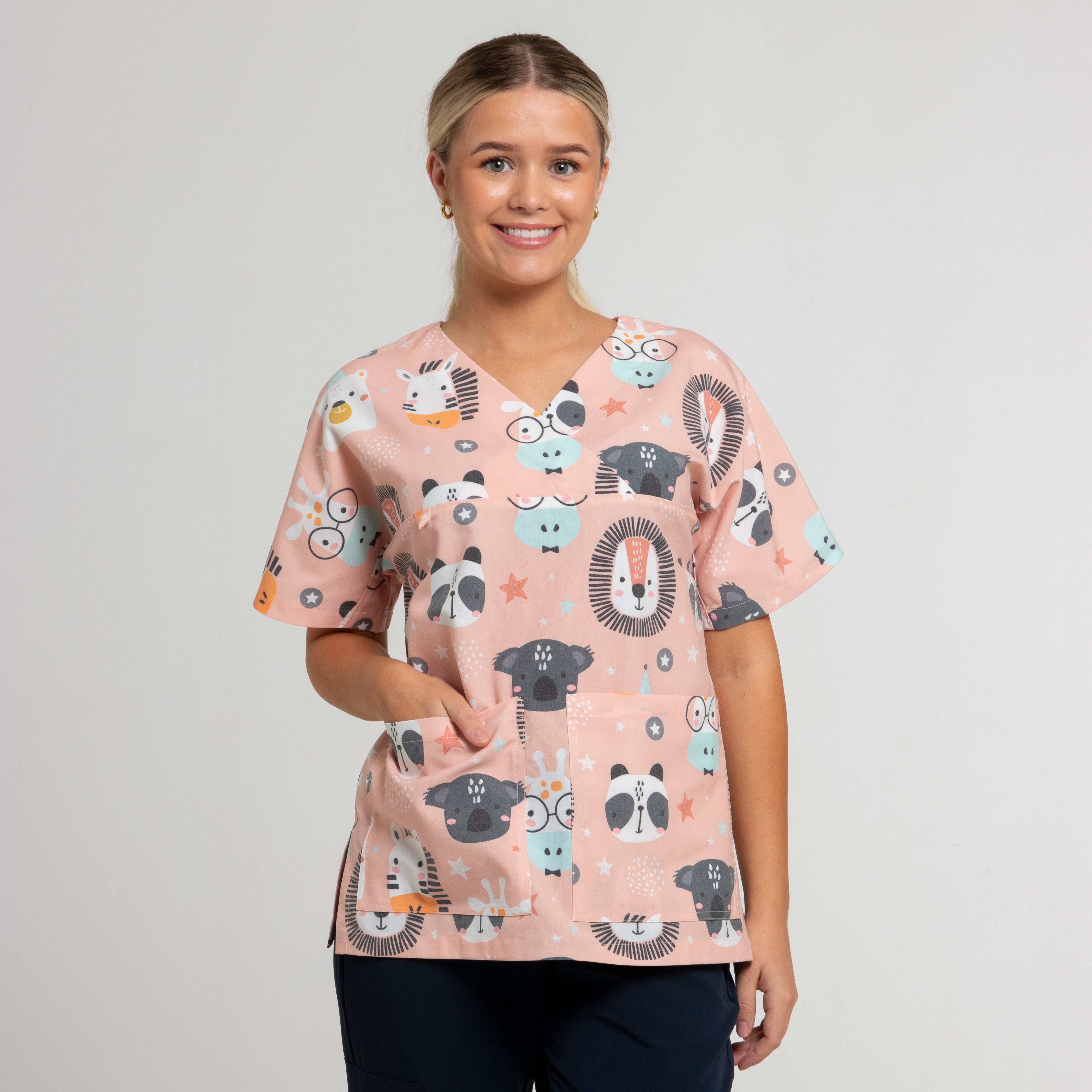 Zoo Animal Scrub Top | Peach