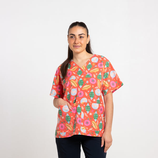 Baubles Scrub Top | Red