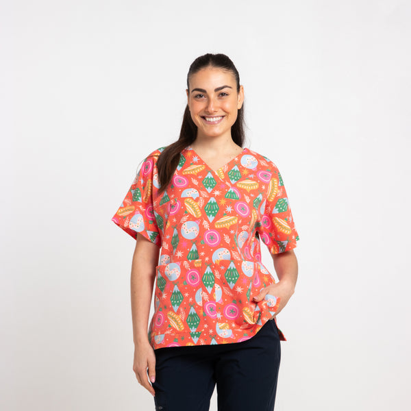 Baubles Scrub Top | Red