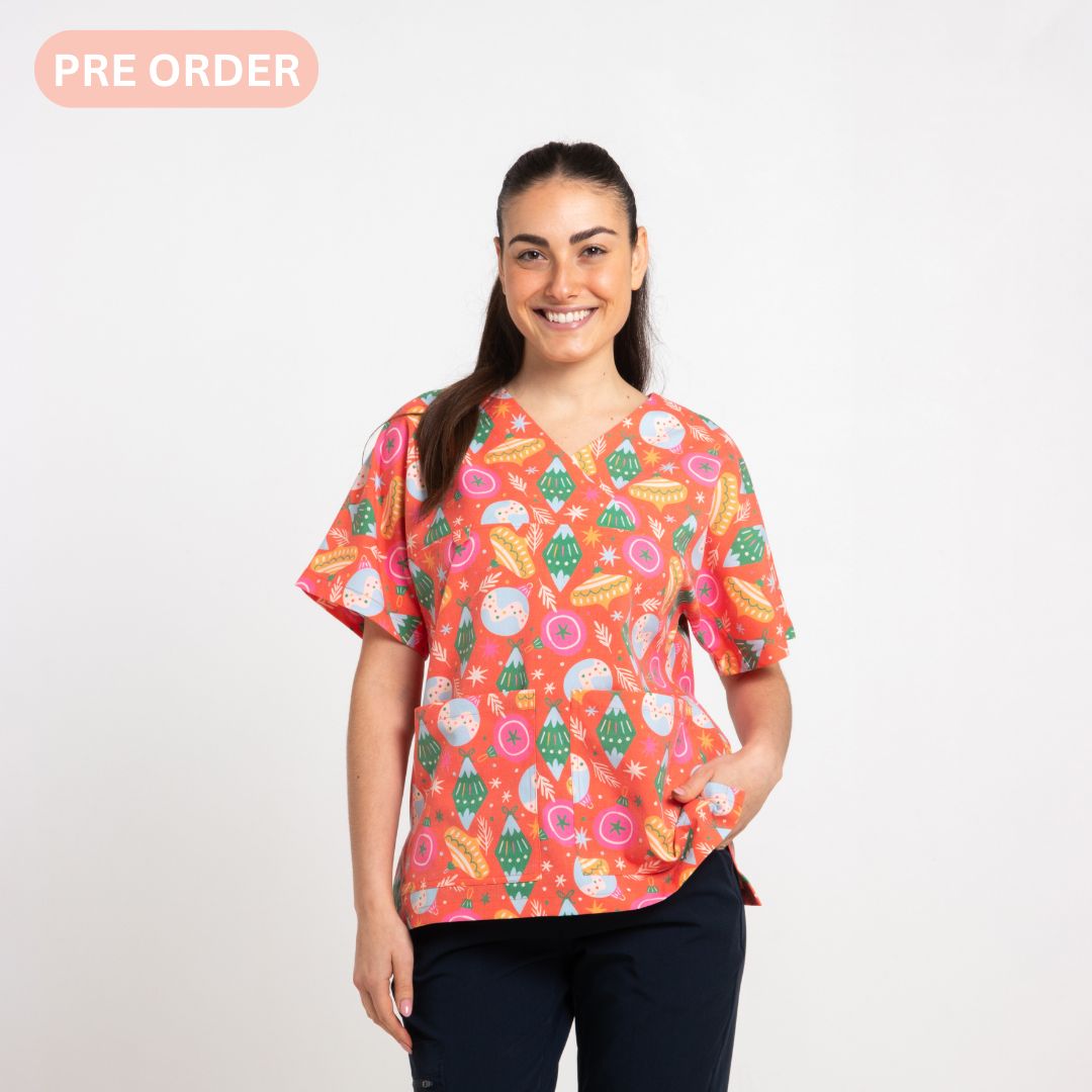 Baubles Scrub Top | Red