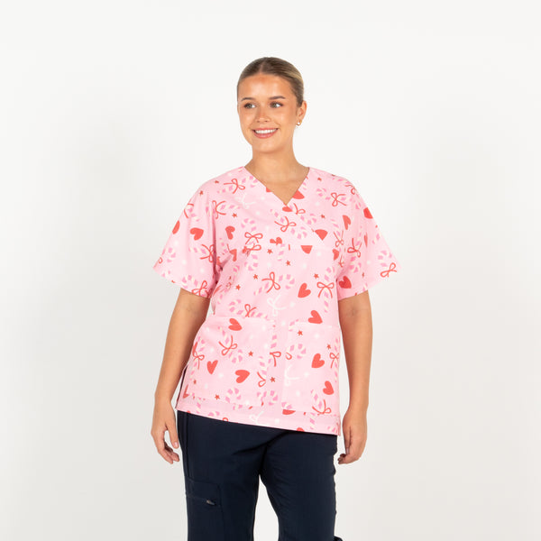 Candy Cane Hearts Scrub Top | Pink