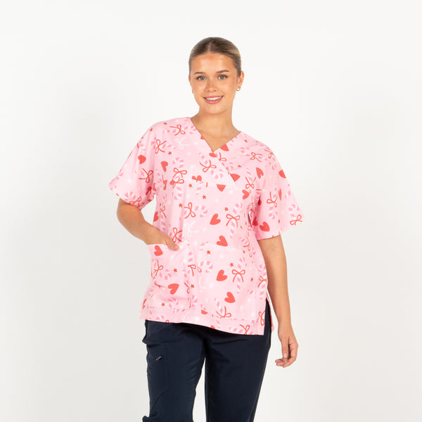 Candy Cane Hearts Scrub Top | Pink