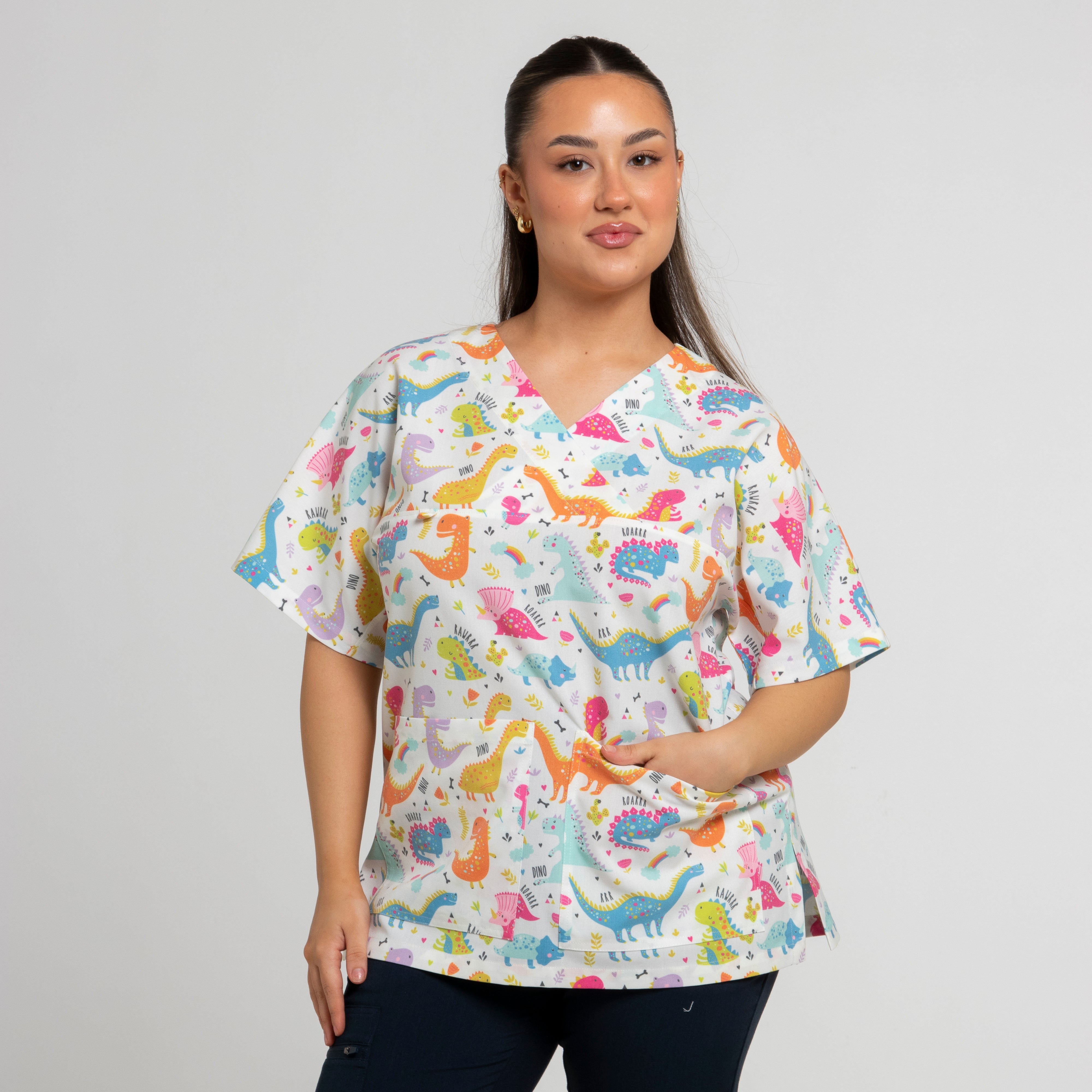 Dinosaur Scrub Top | White