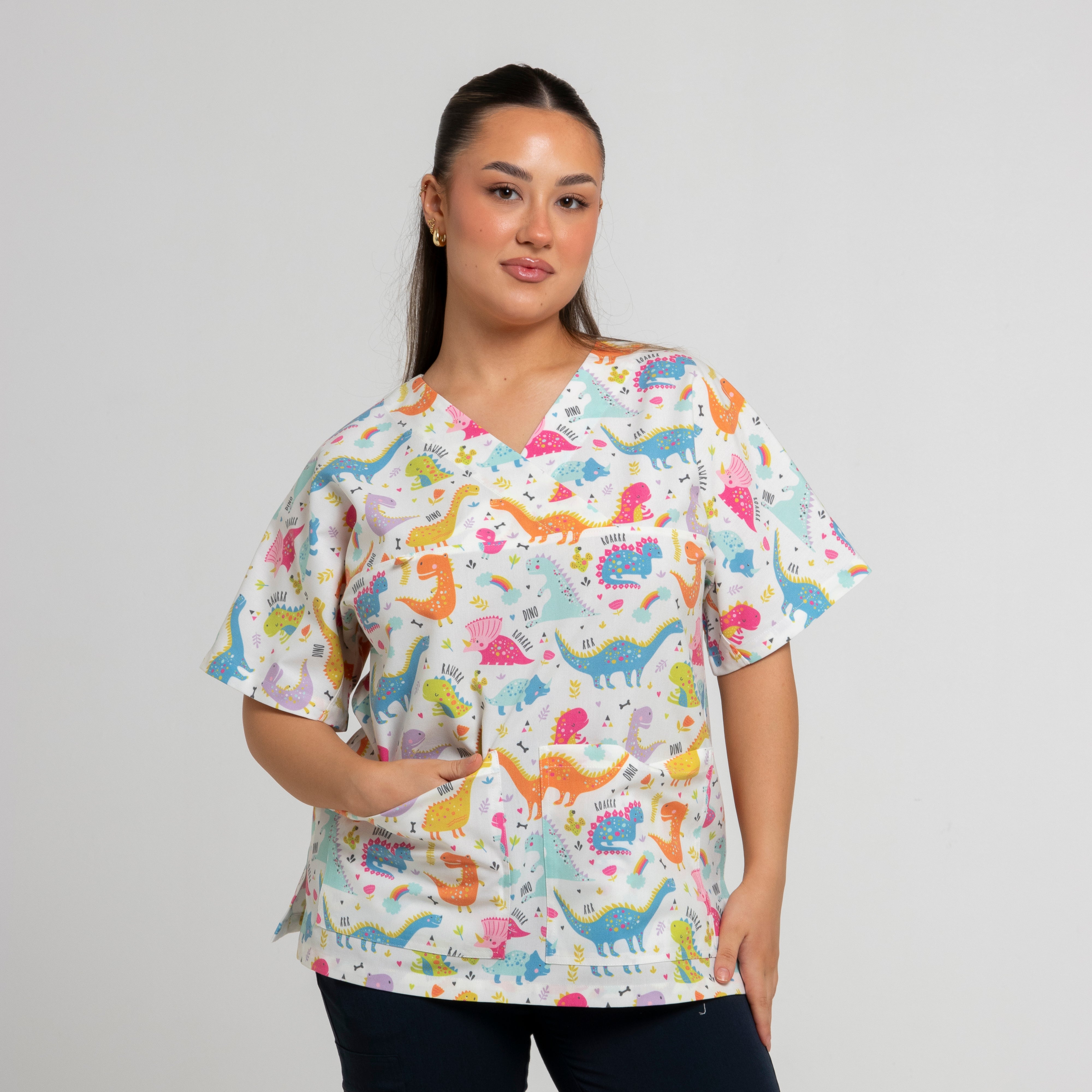 Dinosaur Scrub Top | White