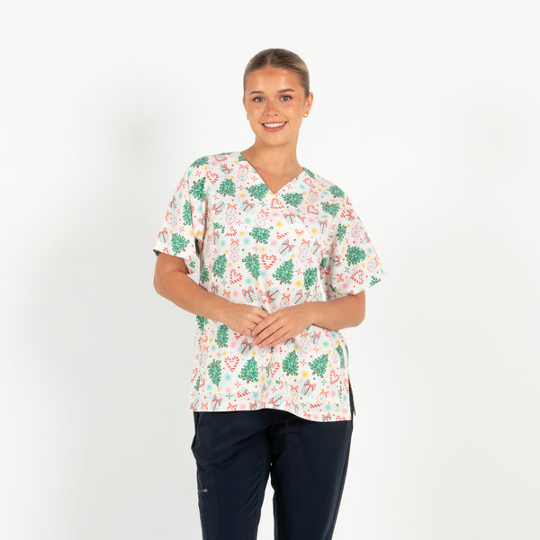 Festive Scrub Top | White