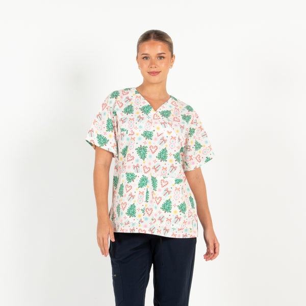 Festive Scrub Top | White