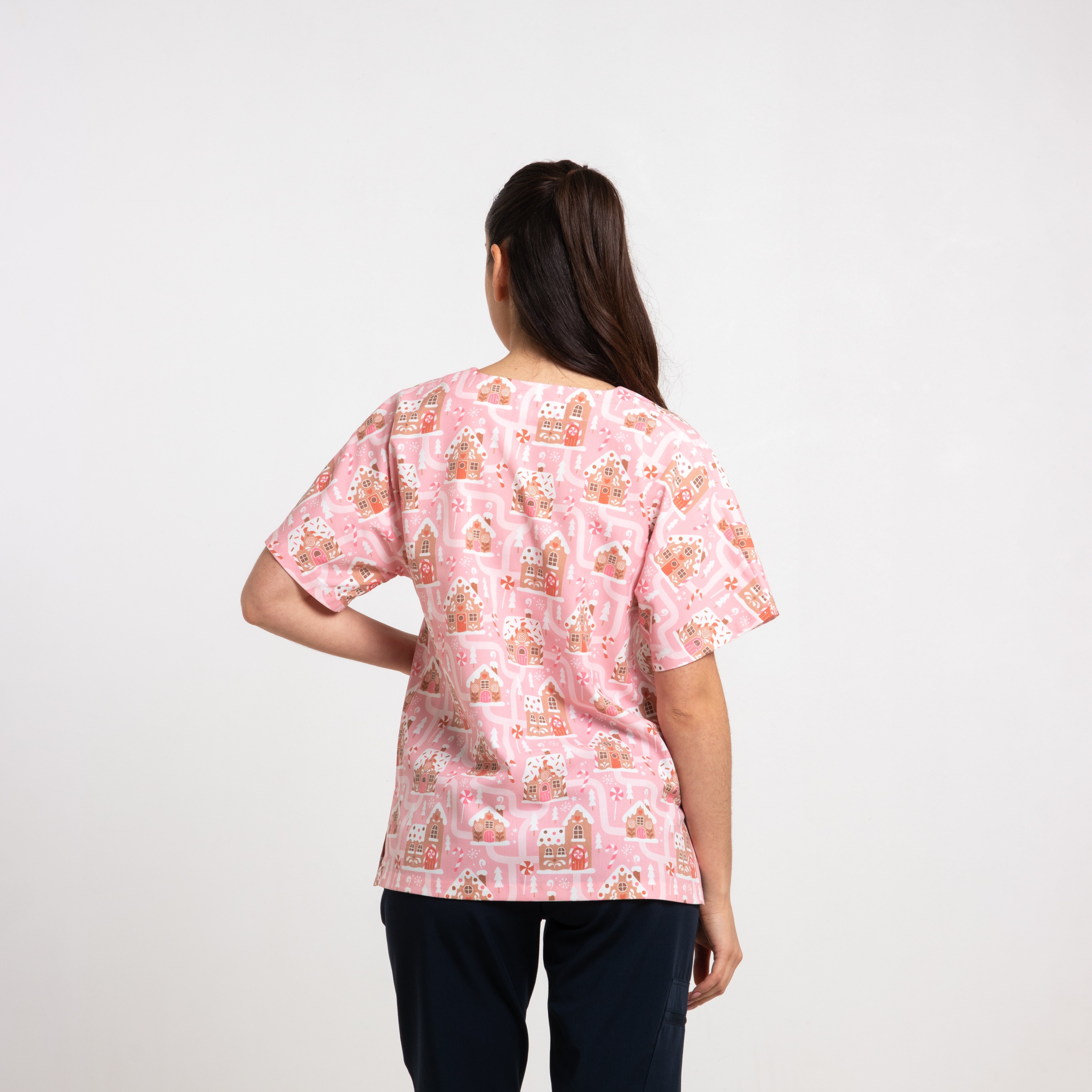 Gingerbread Village Scrub Top | Pink