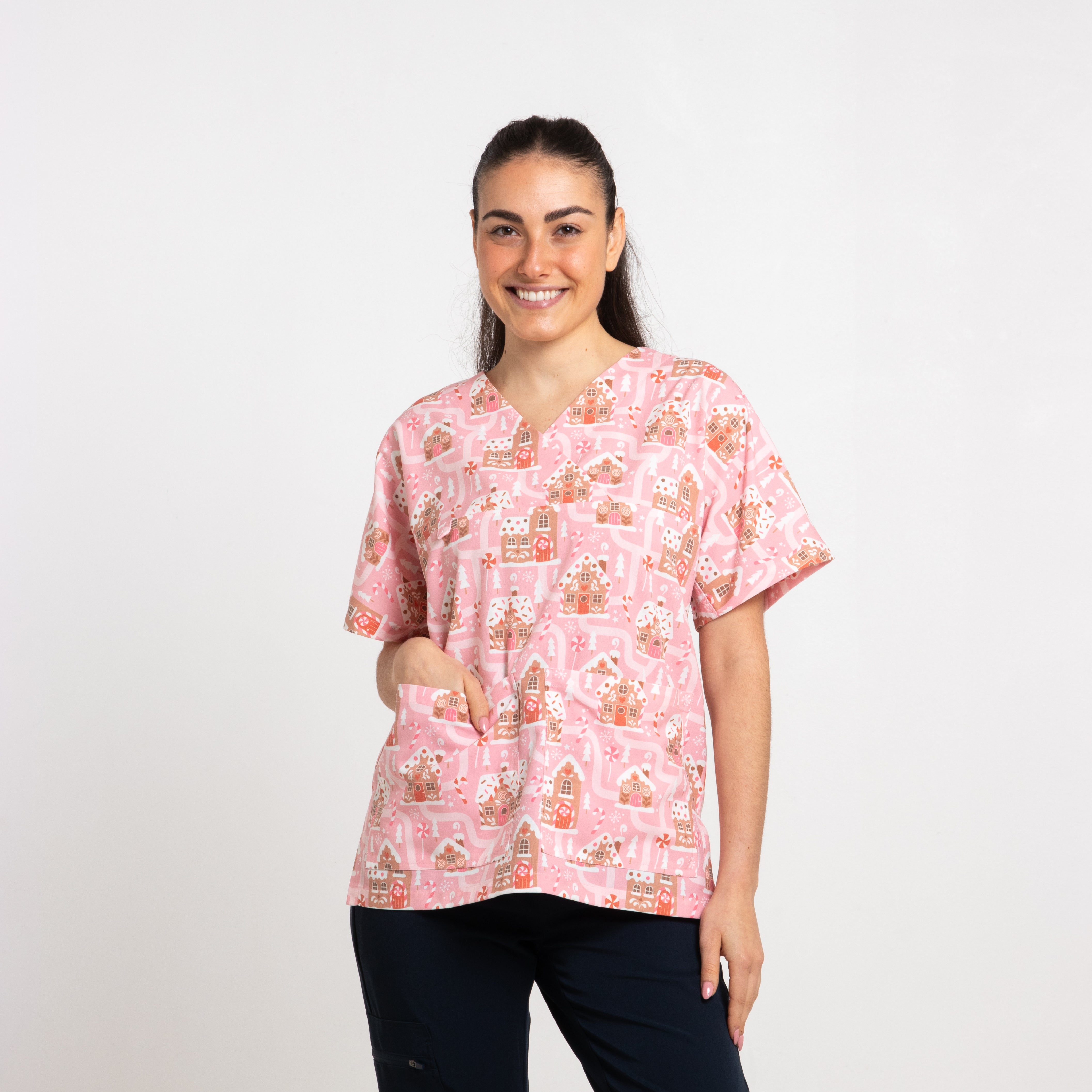 Gingerbread Village Scrub Top | Pink