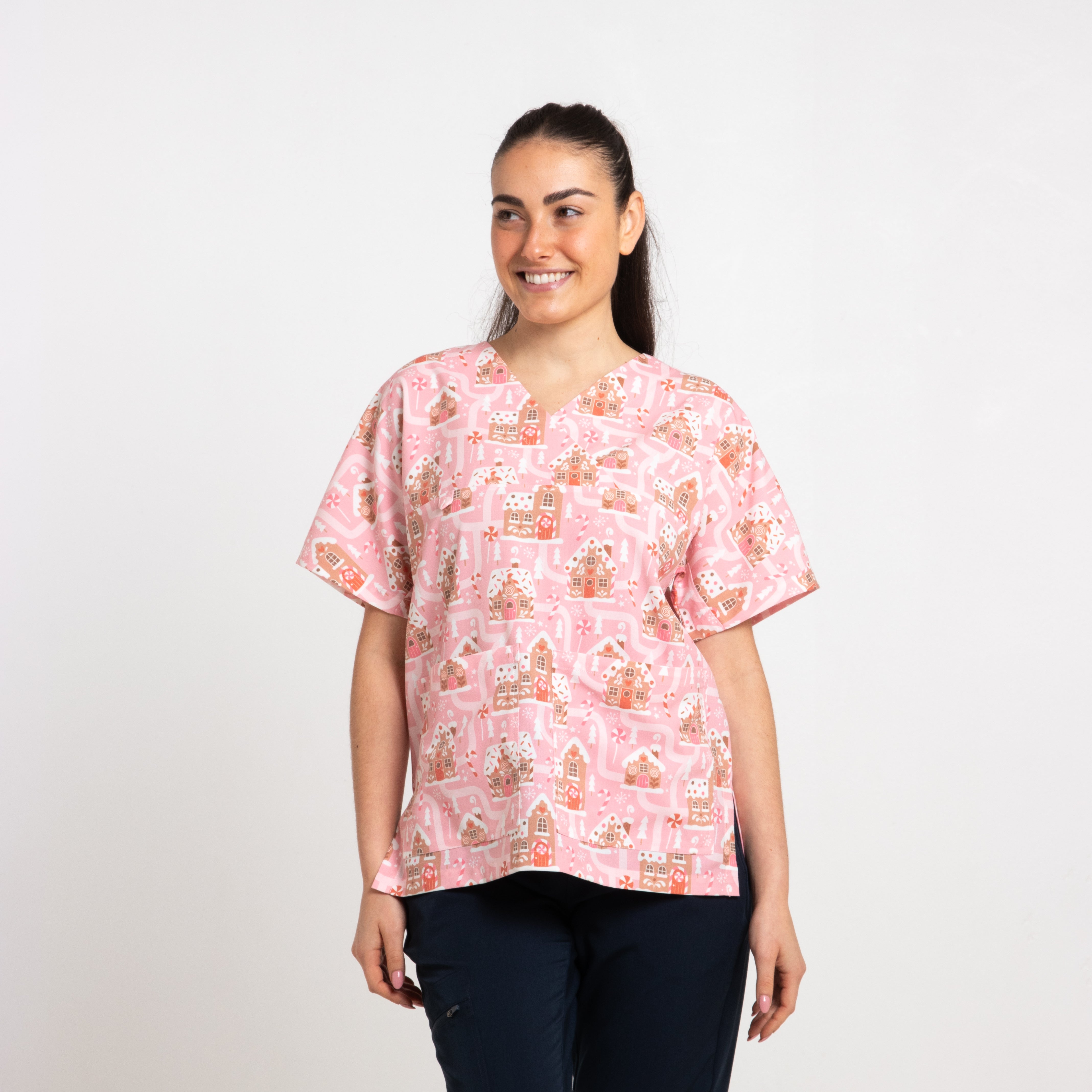Gingerbread Village Scrub Top | Pink