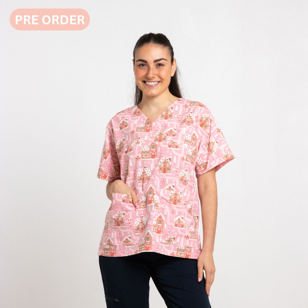 Gingerbread Village Scrub Top | Pink