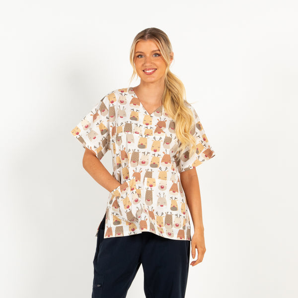 Reindeer Scrub Top | White