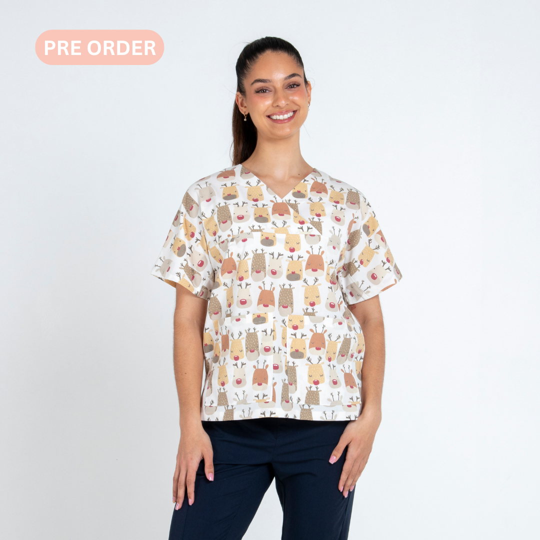 Reindeer Scrub Top | White