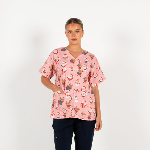 Santa and Friends Scrub Top | Pink
