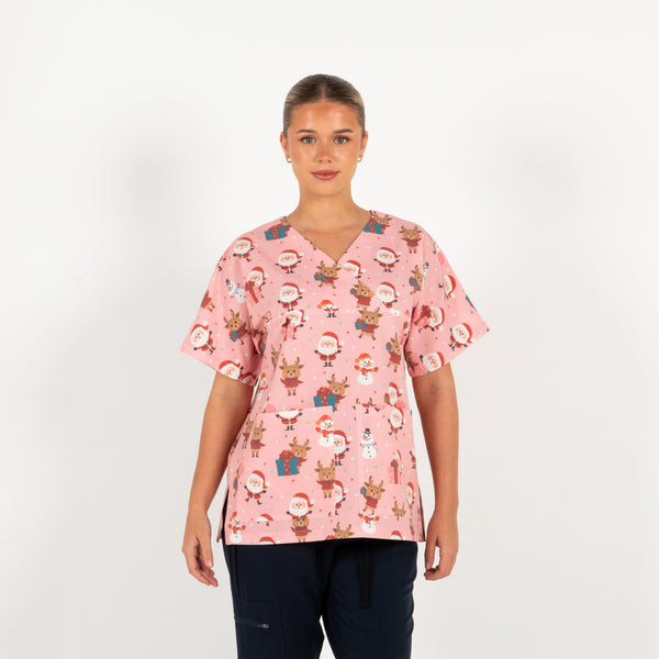Santa and Friends Scrub Top | Pink