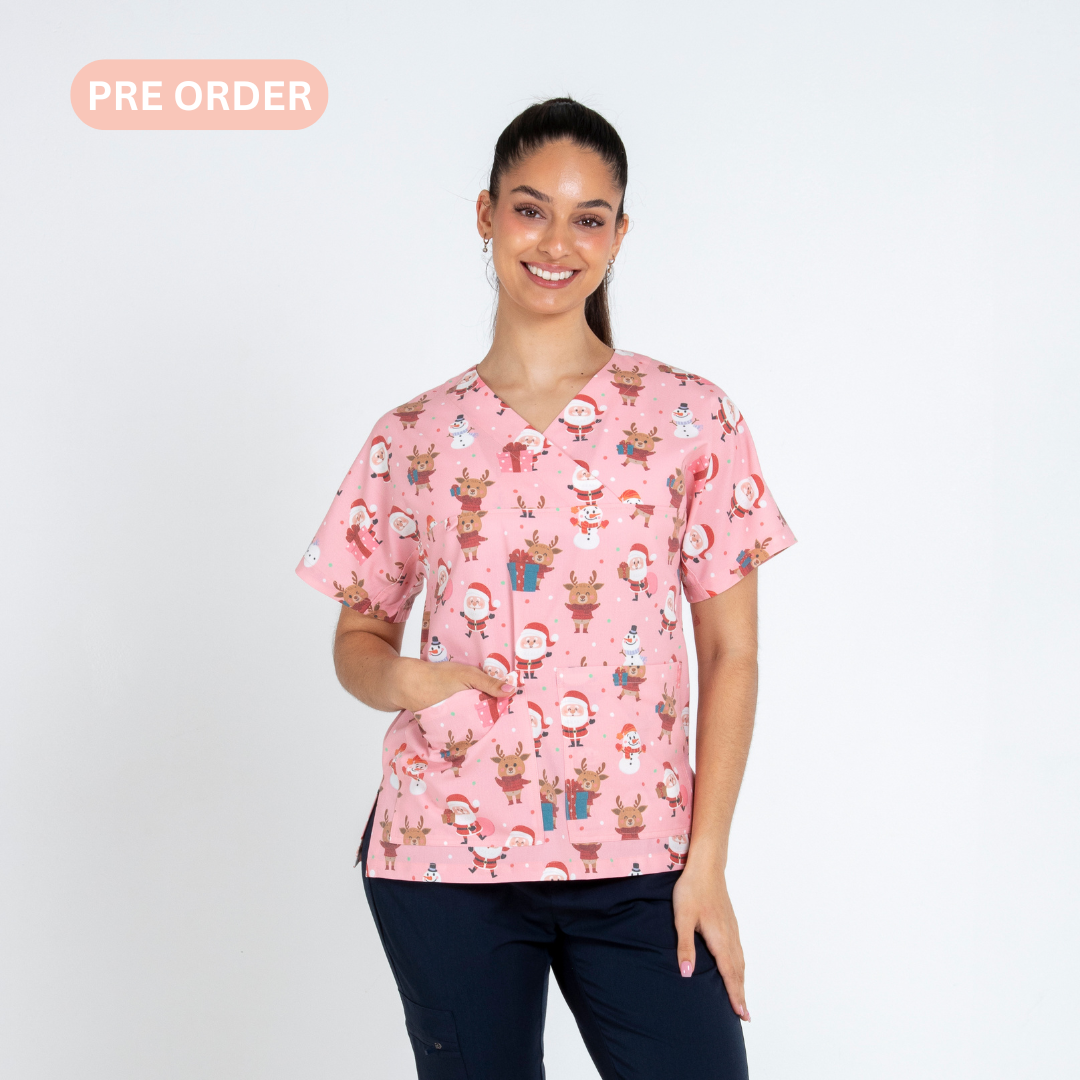 Santa and Friends Scrub Top | Pink