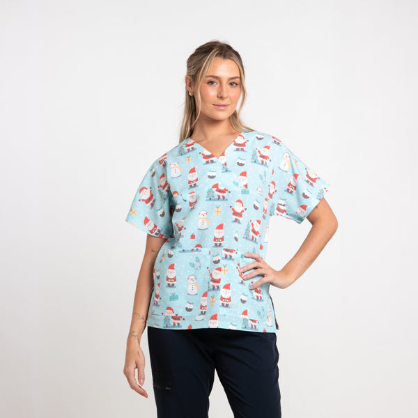 Snowy Christmas Scrub Top | Blue