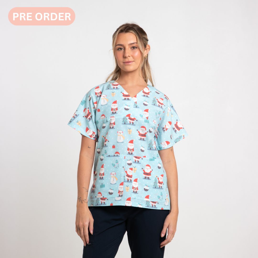 Snowy Christmas Scrub Top | Blue